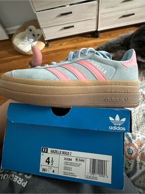 adidas Gazelle Bold J suede sneaker in light blue with pink stripes